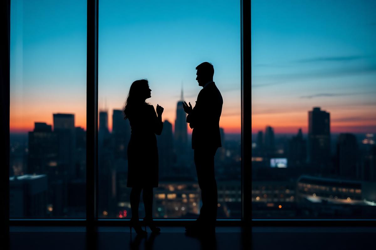 Dos socios conversando frente a una ventana con vista a la ciudad al atardecer
